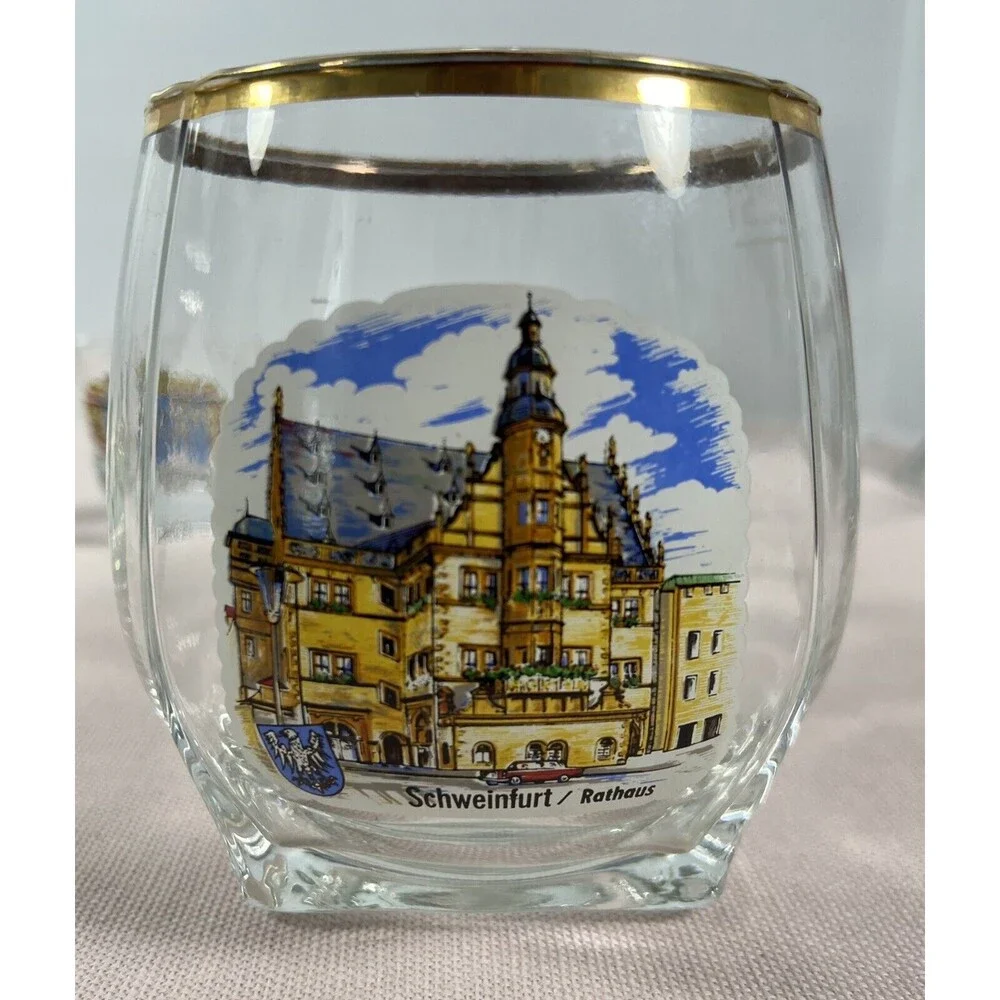 VTG German 5 Shot Glass Set  Schweinfurt - Rathaus. Plus 1 Drinking Glass.